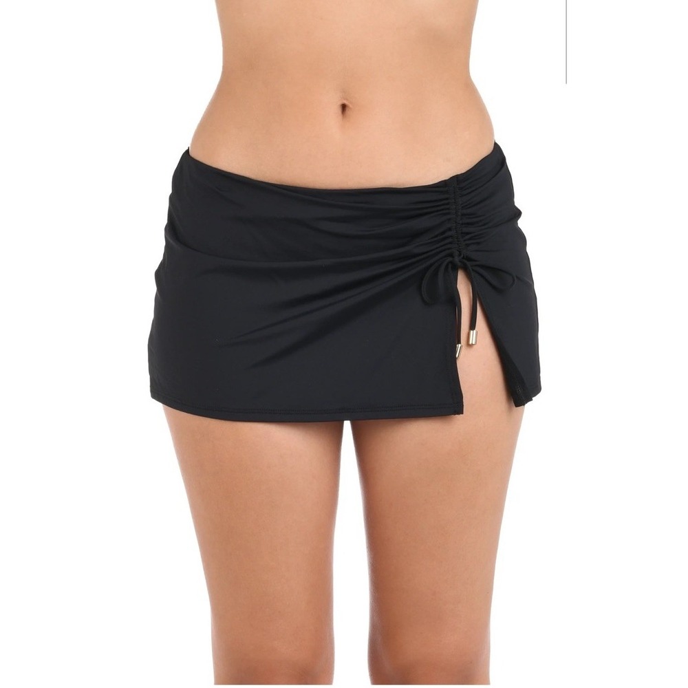 La Blanca Island Goddess Swim Skirt Bottom Size 10 Black Adjustable Ruched NWOT